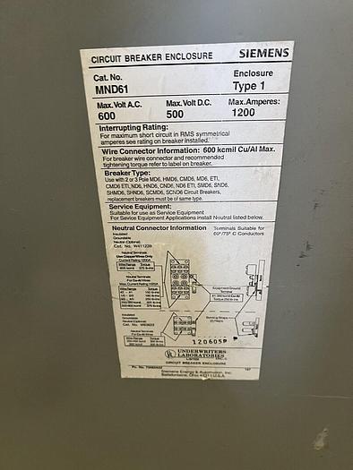 Used MND61 Siemens 1200 Amp 600V Circuit Breaker Enclosure With MXD63B800 Indoor