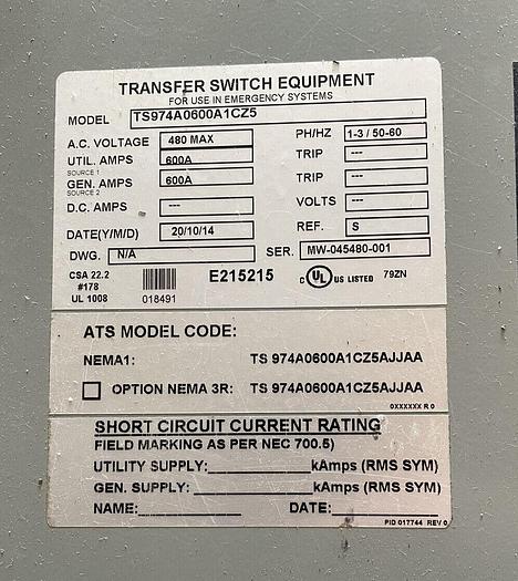 Used TS974A0600A1CZ5 Thomson Power Systems 600A 480V 3P Automatic Transfer Switch