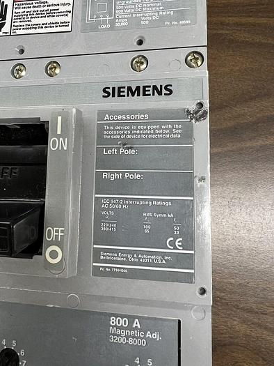 Used HLMXD63B800 Siemens 800 Amp 600V 3 Pole 65K Rated Bolt On Circuit Breaker