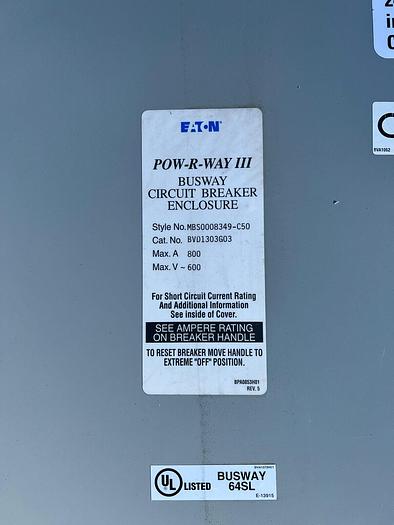Eaton Pow-R-Way 5000 Amp Busway 800 Amp Bus Plug Disconnect HMDL3800 Breaker