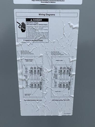 DTNF325 Siemens 400 Amp 240V 3P Non Fused Manual Transfer Switch Double Throw