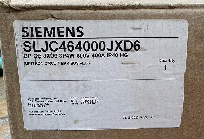 SLJC464000JXD6 Siemens 400 Amp 600V Sentron Series 3P4W Bus Plug IP40 HG New 783643140073