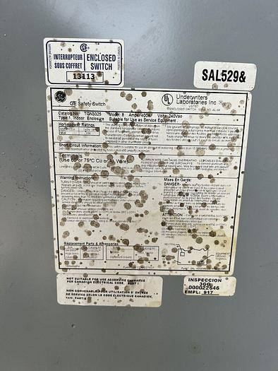 Used TGN3325 GE 400 Amp 240V 3 Pole Non Fusible Disconnect Switch General Duty