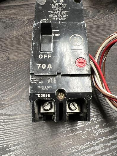 Used TEY270 GE 70 Amp 480V 2 Pole Bolt On Circuit Breaker TEYASAB Aux Switch