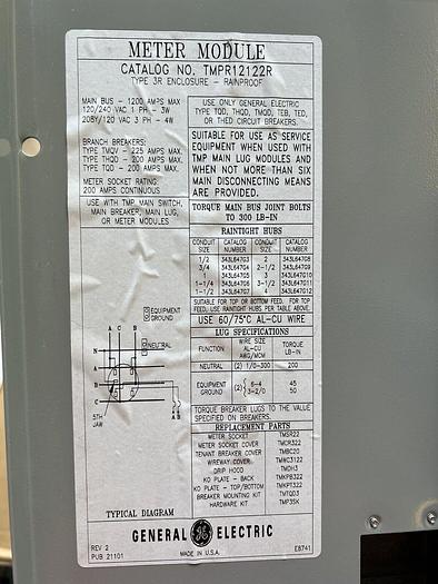 TMPR12122R GE 1200 Amp Bus Rating 208/120V 225 Amp Max Meter Socket with Bypass