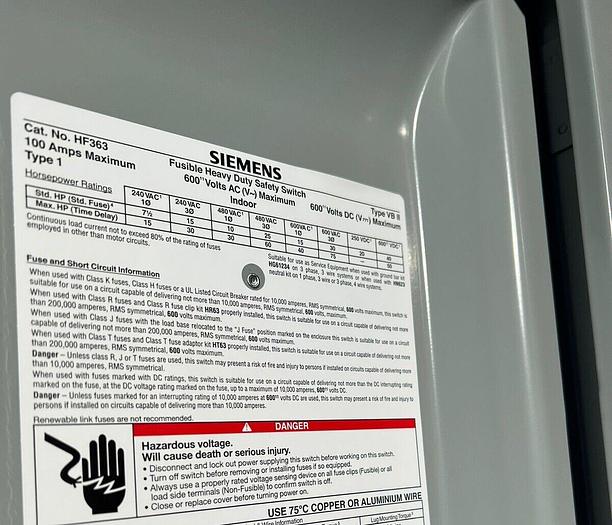 HF363 Siemens 100 Amp 600V Fusible 3P Heavy-Duty Fusible Safety Switch New 783643151024