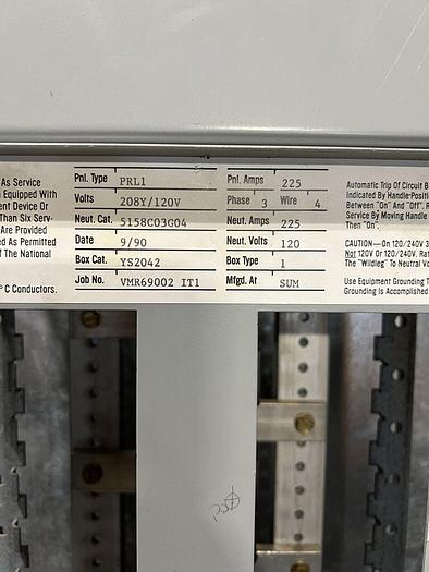 Used Cutler Hammer PRL1 225 Amp Main Lug Only 208/120V 3 Phase 4 Wire Breaker Panel