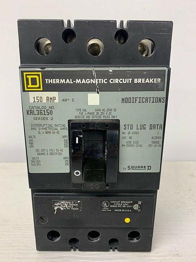 Used KAL36150 Square D 150 Amp 600V 3 Pole Feed Thru Circuit Breaker Line & Load Lugs