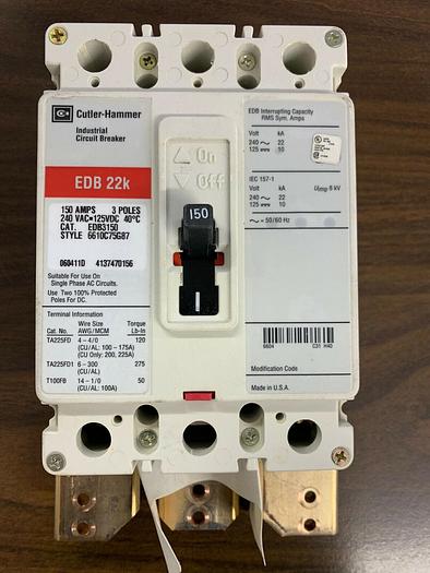 Used EDB3150 Cutler Hammer 150 Amp 240V 3 Pole Bolt On Circuit Breaker