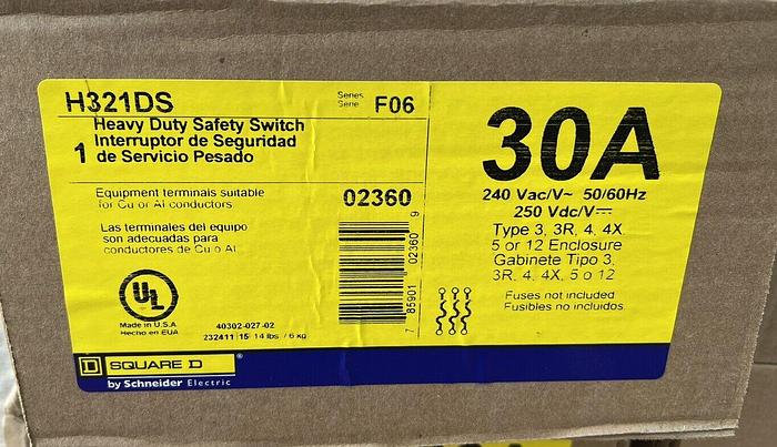 H321DS Square D 30 Amp 240V 3 Pole Fusible Stainless Steel Disconnect Switch New