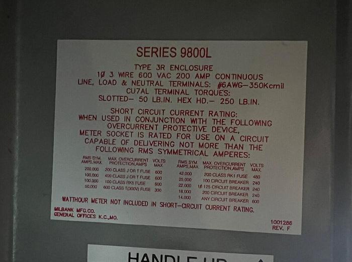 Milbank 9800L 200 Amp Single Phase 3 Wire Meter Socket Bypass New