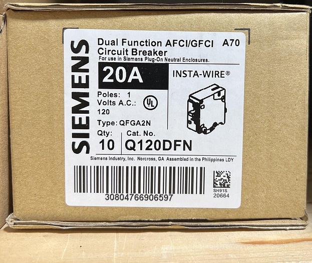 Q120DFN Siemens 20 Amp Dual Function AFCI/GFCI Circuit Breaker New 804766906596