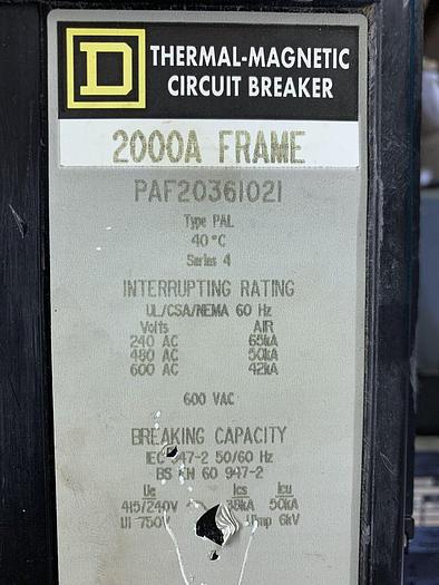 Used PAF20361021 Square D 2000A Frame 1600A Rated 600V Ground Fault 120V Shunt Trip