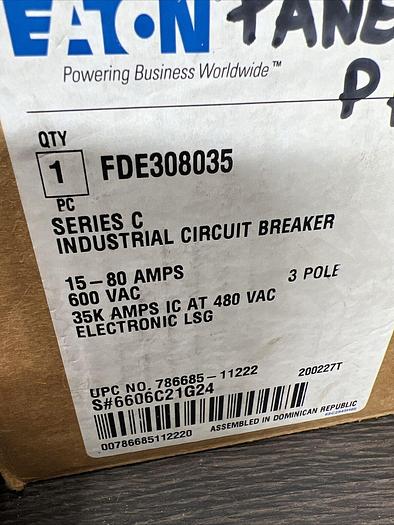 FDE308035 EATON Cutler Hammer 80 Amp Max 600V 3 Pole Bolt On Circuit Breaker New