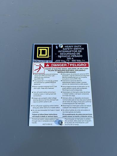 Used H364N Square D 200 Amp 600V 3P 4W Fusible Indoor Disconnect Switch with Fuses 785901482338