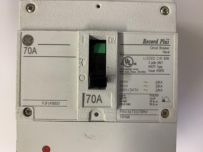 Used FBV36TE070RV GE 70 Amp 600V 3 Pole Bolt On Circuit Breaker FASHTKW Shunt Trip