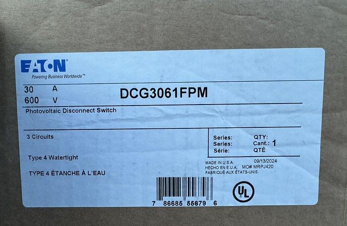 DCG3061FPM Eaton 30 Amp 600V Photovoltaic Disconnect Switch Fusible Nema 4 New