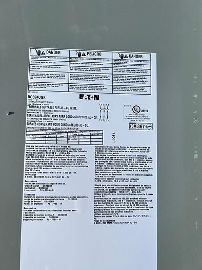 DG324UGK Culter Hammer 200 Amp 240V 3P Non Fusible Nema 1 Indoor Disconnect New
