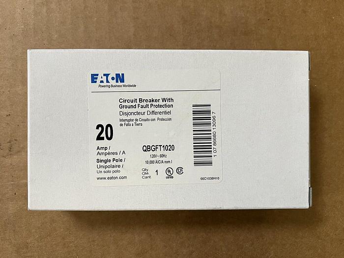 QBGFT1020 Eaton Cutler Hammer 20 Amp 120V Ground Fault Circuit Breaker New 786680130960