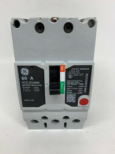 TEYL3060B GE 60 Amp 480V 3 Pole Bolt On Circuit Breaker General Electric TEYL 783164462593