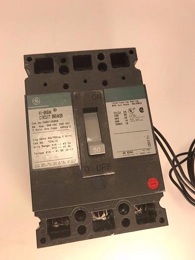 Used THED136050 GE 50 Amp 600V 3 Pole Bolt On Circuit Breaker with 120V Shunt Trip