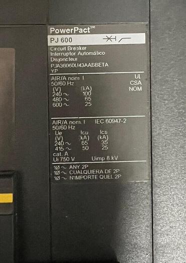 PJA36060U43A Square D 600 Amp 600V 3 Pole 65K Rated I-Line Circuit Breaker New