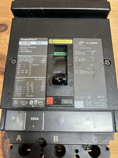 Used HGA36030 Square D 30 Amp 600V 3 Pole 35K I-Line Plug In Circuit Breaker 785901601364