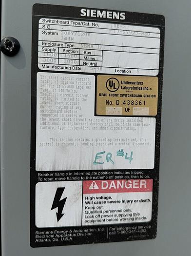 Used Siemens 1600 Amp Main Breaker Distribution Panelboard 208/120V 3P4W PXD63B160H