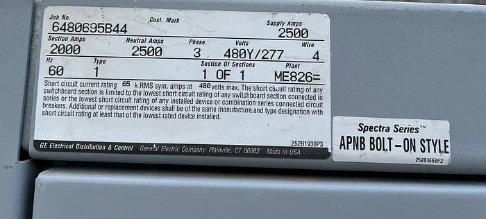 Used GE 2500 Amp Main Breaker Panelboard 480/277V 3 Phase Distribution Panelboard