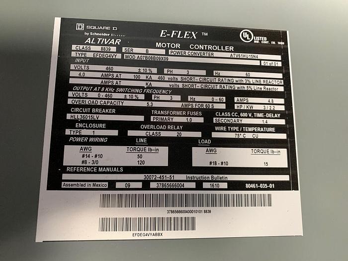 Used Square D E-Flex Motor Controller VFD ATV61HU15N4 Drive