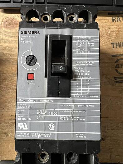 Used ED63A010 Siemens 10A 600V 3 Pole Motor Circuit Interrupter Circuit Breaker