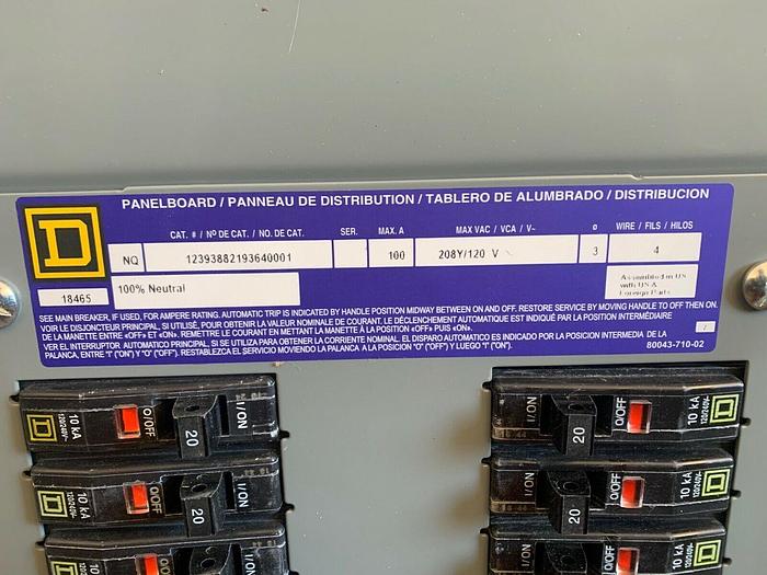 Square D NQ 100 Amp Main Breaker 208/120V 3P 4W 84 Circuit Panel Interior New