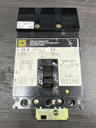 Used FH36050 Square D 50 Amp 600V 3 Pole 25kA@480V I-Line Circuit Breaker 785901241362