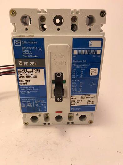 Used FD3150 Cutler Hammer 150 Amp 600V 3 Pole Bolt On Circuit Breaker A2X1LPK Aux 786679305799