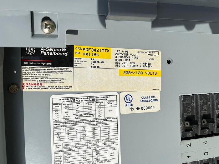 Used AQF3421MTX GE 125 Amp Main Lug Only Breaker Panel 208/120V 3P4W 42 Circuit MLO
