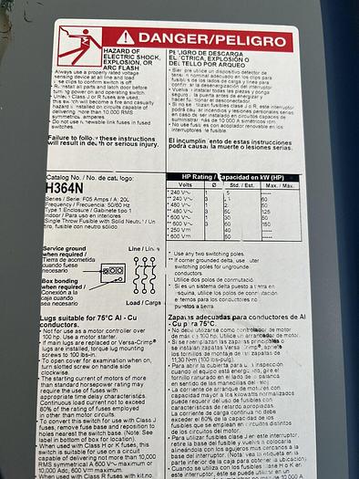 Used H364N Square D 200 Amp 600V 3P 4W Fusible Indoor Disconnect Switch with Fuses 785901482338