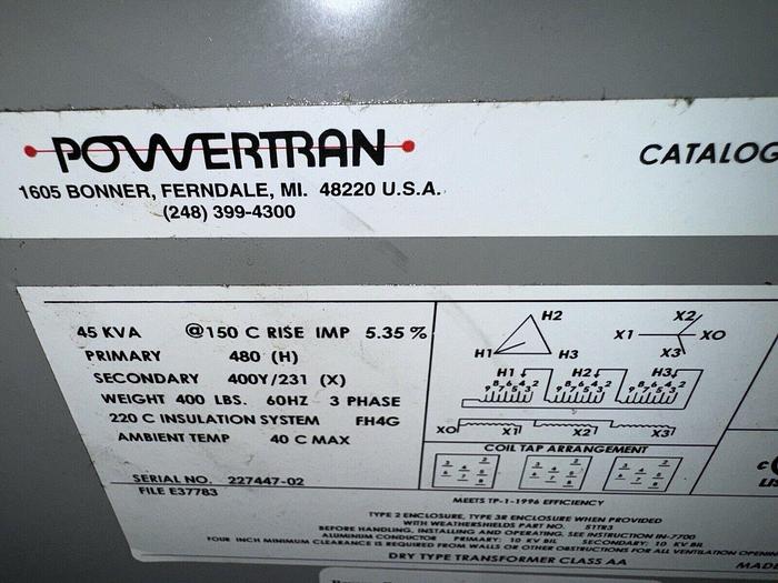 Used 45 KVA Powertran 480X400/231V 3 Phase 3PTN657-45K-EE Transformer Tested with TTR
