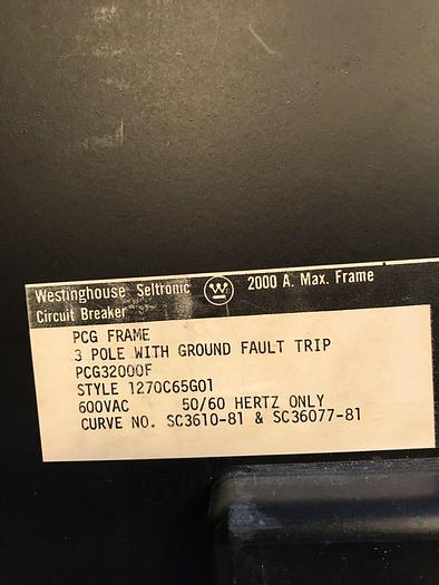 Refurbished PCG32000F Westinghouse 2000 Amp 600V 3 Pole Ground Fault BoltOn Circuit Breaker