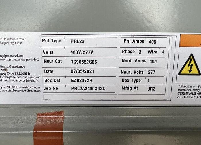 Cutler Hammer PRL2A 400 Amp 480/277V 3 Phase 4 Wire 42 Circuit Panel Interior