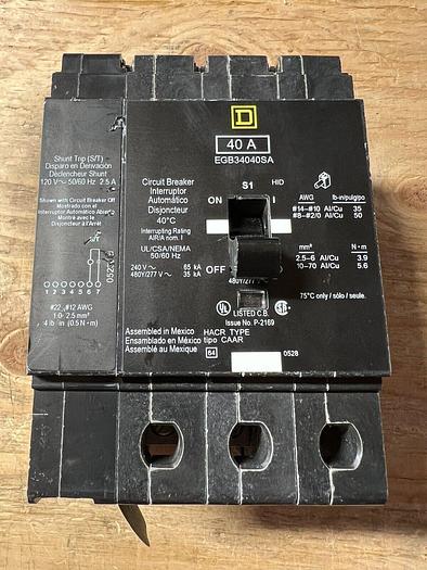 Used EGB34040SA Square D 40 Amp 480V 3 Pole 120V Shunt Trip Bolt On Circuit Breaker