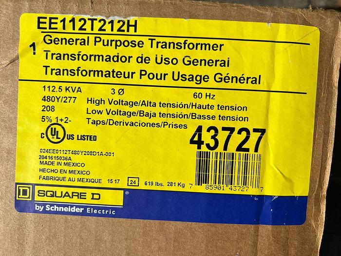 EE112T212H Square D 112.5 KVA 480/277X208V 3 Phase Dry Type Transformer New 208V