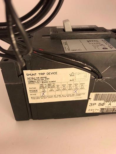 Used THED136050 GE 50 Amp 600V 3 Pole Bolt On Circuit Breaker with 120V Shunt Trip