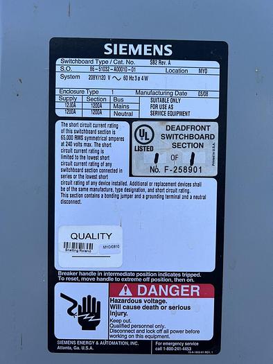 Siemens 1200 Amp Main Breaker Enclosure 208/120V 3P 4W Indoor New NNX3X1200