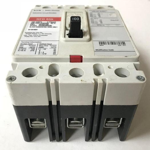 Used HFD3100 Cutler Hammer 100 Amp 600V 3 Pole 65KA@480V Bolt On Circuit Breaker 786679175897