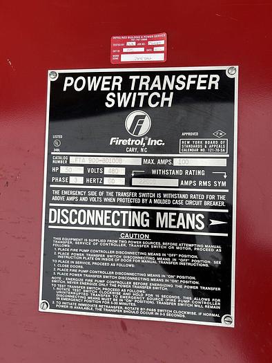Used Firetrol Power Transfer Switch 50HP 100 Amp 480V 3 Phase FTA 900-BD100B