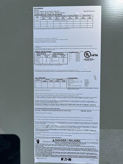 Used DH326NRK Cutler Hammer 600 Amp 240V 3P 4W N3R Fusible Outdoor Rated Disconnect