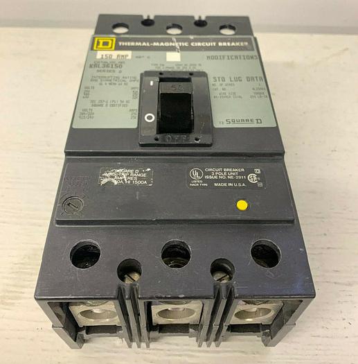 Used KAL36150 Square D 150 Amp 600V 3 Pole Feed Thru Circuit Breaker Line & Load Lugs