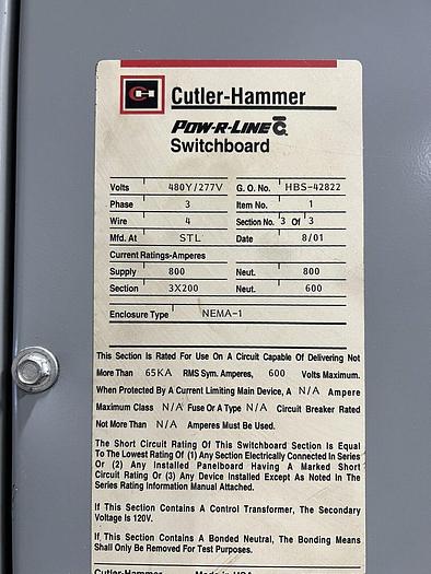 Used Cutler Hammer 400 Amp Main Breaker CT Cabinet 7 Jaw Meter Socket Distribution