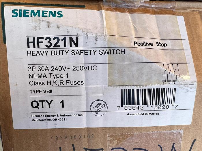 HF321N Siemens 30 Amp 240V 3P 4W Fusible Nema 1 Indoor Rated New