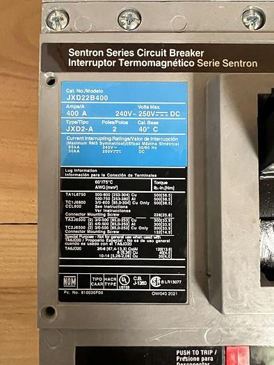 JXD22B400 Siemens 400 Amp 240V 2 Pole Sentron Series Bolt On Circuit Breaker New 783643212916